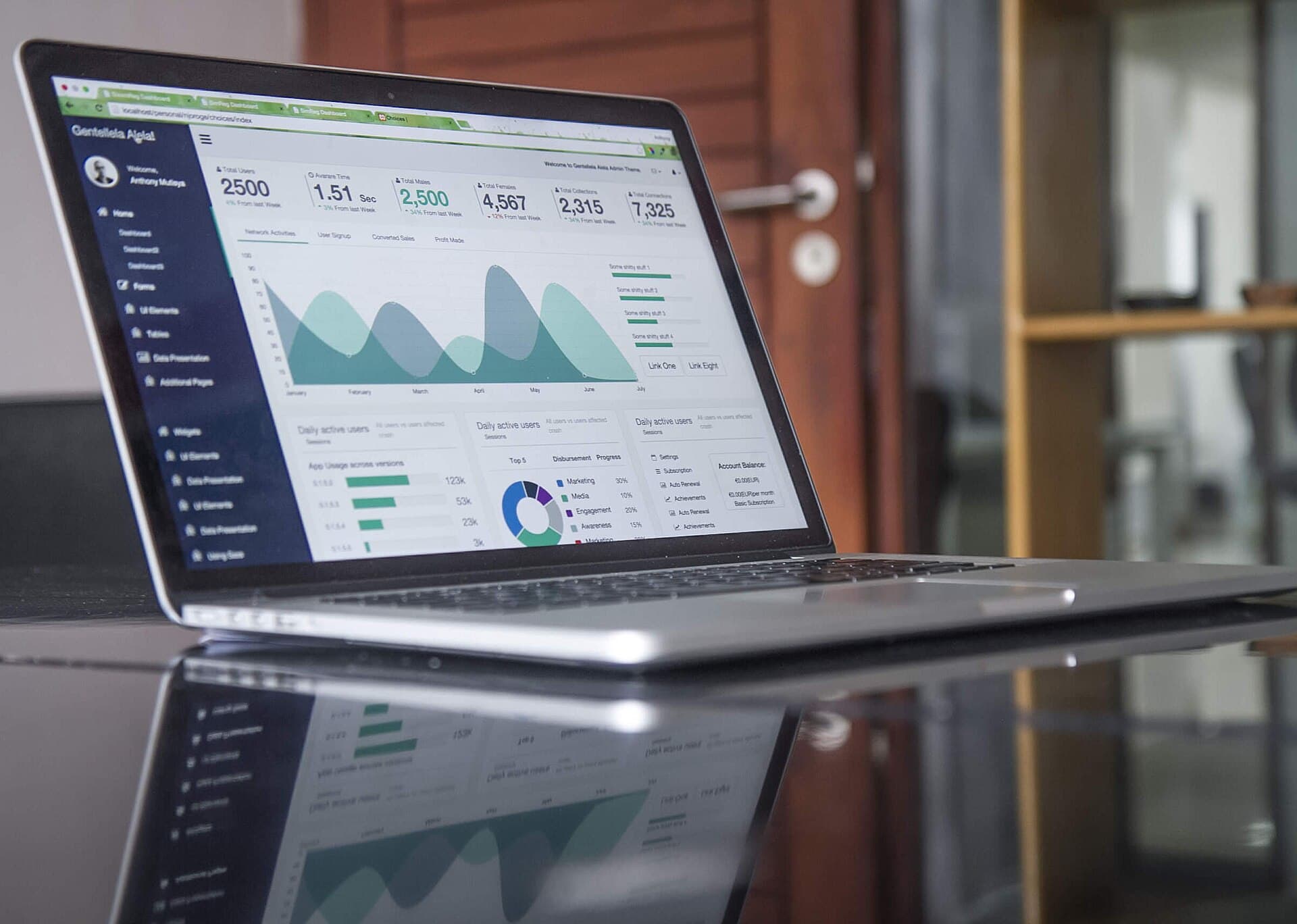 Financial dashboard with charts open on a laptop